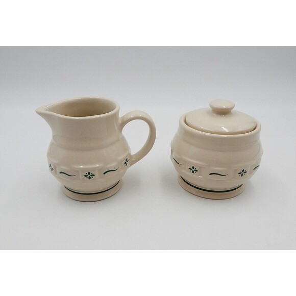Longaberger Pottery Woven Traditions Heritage Green Sugar & Creamer Set - Picture 4 of 8